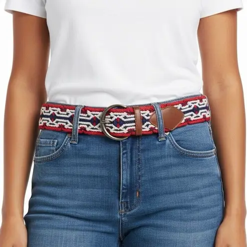 None Red White Blue USA Woven Macrame Rope Belt Womens 9 Boho Coastal Western