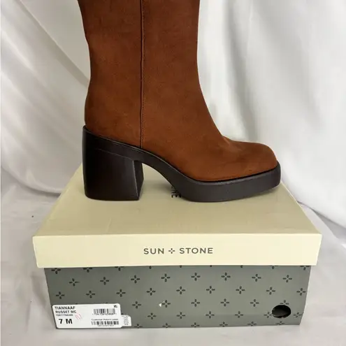 Sun + Stone Brown Heeled Boots with Chunky Heel Size 7