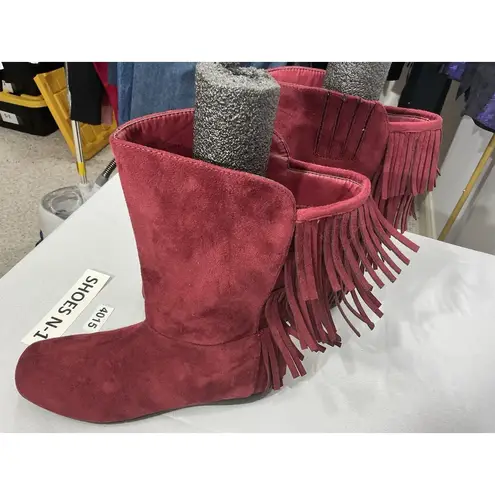 Comfortview Womans Comfort View Midcalf Boots Maroon 9.5 M Pull On Side Zip fringe Flat Heel