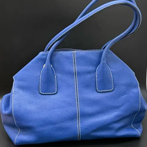 TOD’S Blue Pebbled Leather Contrast Stitch Button Snap Closure Satchel Crossbody