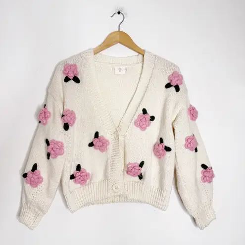 Luna Ivy Cream Knit Cardigan XS – 3D Pink Floral Appliqué Sweater