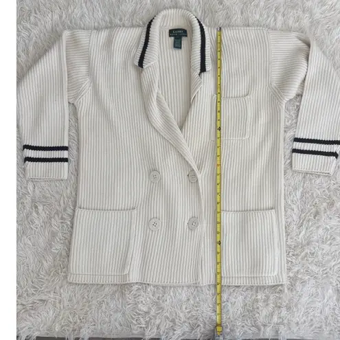 Lauren Ralph Lauren Knit Cardigan Sweater Women's M Cream Cotton Striped Cuffs Black Size M