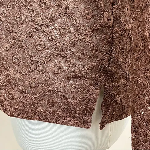 Manuela Semi Sheer Brown Lace/ Crochet Mock Neck Long Sleeve Top S Brown