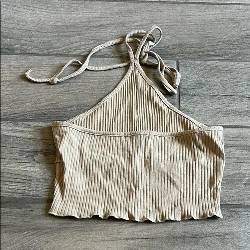 Cream Ribbed Asymmetrical Crop Tank Top White Size M