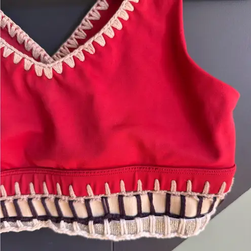 Carbon38 La Plage Crochet Banded Sports Bra, Red/Nude/Silver, Sz XS Red