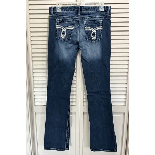 Rue 21 Med Wash Boot Low Rise Denim Jeans Size 7/8 Zip Pockets Embroidered Blue