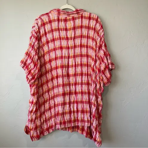 Plaid smocked button up 4x colorful top blouse ruffle feminine gingham cute Pink