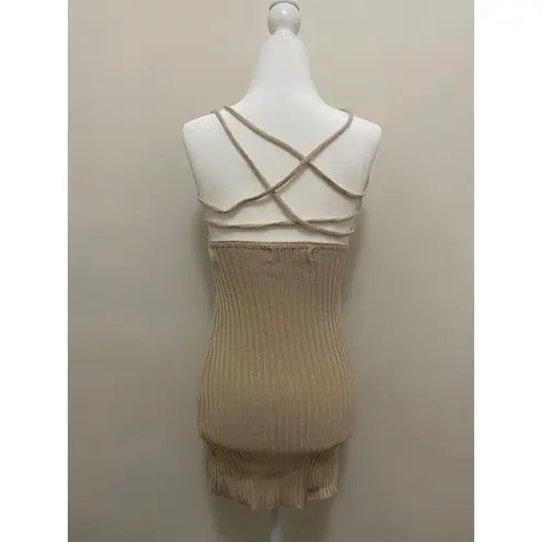 Bershka Lace-Up Back Crochet Knit Mini Dress in Tan (X-SMALL)