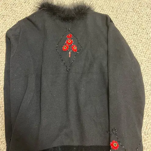 Berek Black Sweater with Faux Fur Trim Size L