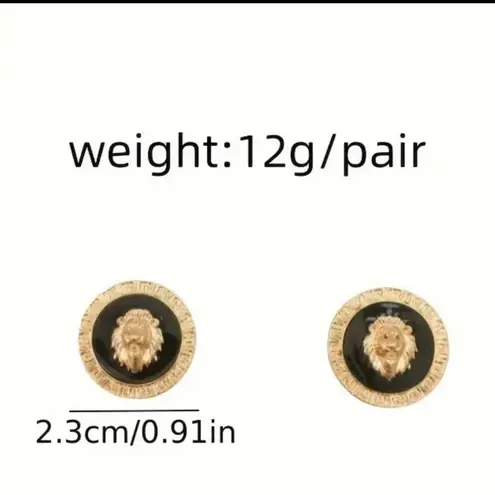 Black Inlay Gold Lion Head Stud Earrings Statement Round Medallion NWT