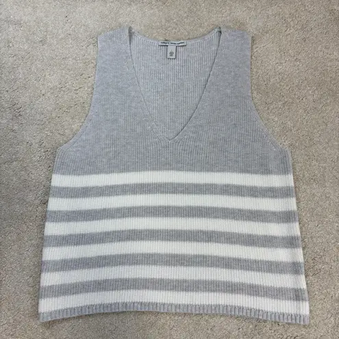 autumn cashmere Cotton By V-Neck Gray White Stripe Knit Vest Size L