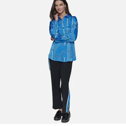 Karl Lagerfeld NWT PARIS Women's Long Sleeve Printed Tunic Blouse French Blue XL