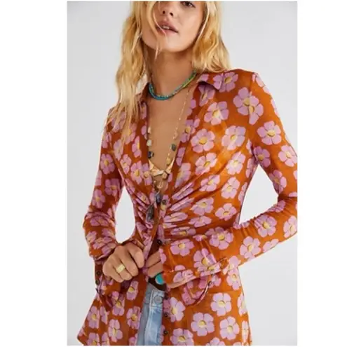 Free People  Lucky Shirtee Floral Button Up Shirt Coffee Sheer Mesh 70s XS NWT thumbnail 14