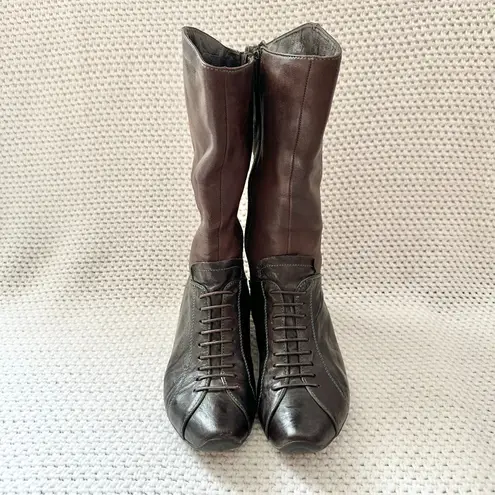 Think! Brown Leather Faux Lace Up Victorian Western Mid Calf Zip Up Boots 37.5 Size 6.5