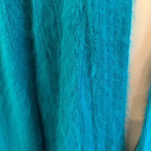 Vintage Teal Angora Blend Oversized Cardigan Open Front Knit Sweater Coat XL Blue
