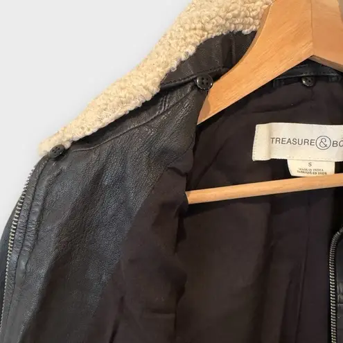 Treasure & Bond Leather Bomber Jacket with Removable Faux Shearling Trim Small