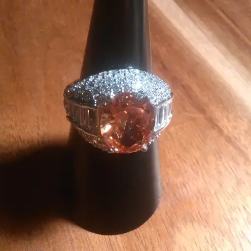 Simulated Champagne Color and White Diamond Brass Ring (Size 7)