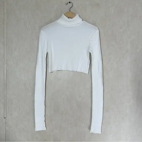 Eterne Women’s Cropped Fitted Turtleneck Top Butter Ribbed Soft Jersey Cream L White Size L