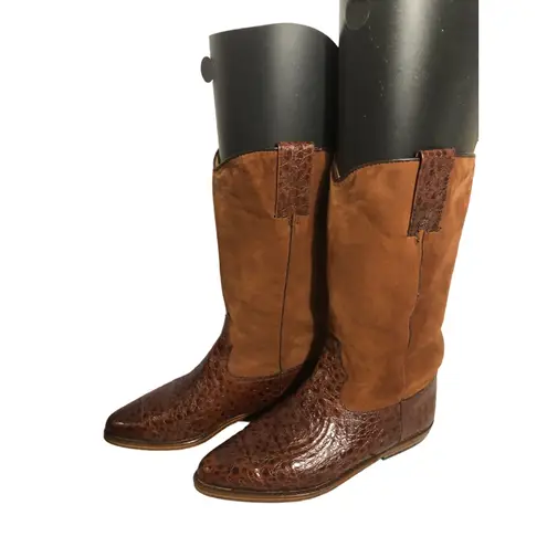 1990s Armando Pollini Brown Leather & Suede Western Tall Boots Size 6.5