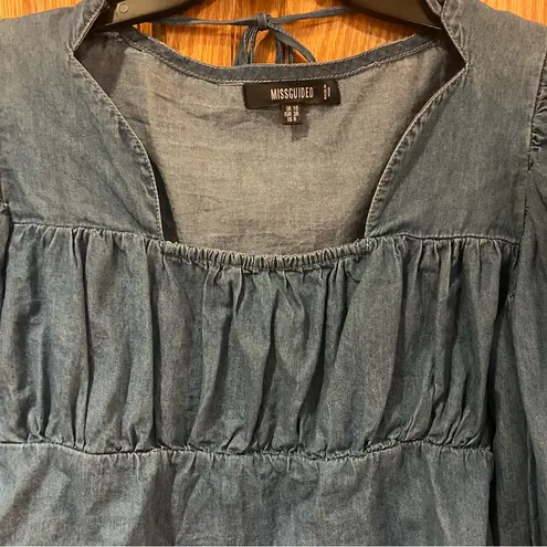 Missguided Tie Front Square Neck Volume Sleeve Denim Crop Top Deep Blue Size 6