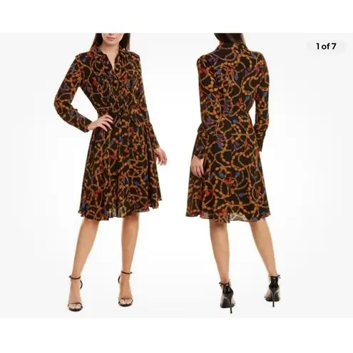 Nanette Lepore  Black Gold Chain Tassel Print Shirt untuck Dress Size 8 Midi
