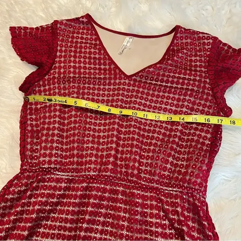 PerSeption Concept Burgundy Maroon Dress Medium Lace Overlay V Neck Short Sleeve