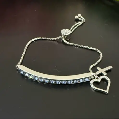 BRILLIANCE Blue Crystal Heart & Cross Bar Beyond Blessed Adjustable Bracelet 10g Silver