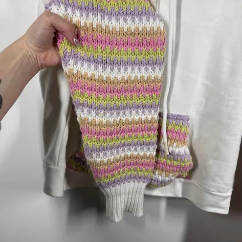 Fate Sweater Women Size S Cream Rainbow Crochet Hood Pocket Crop Sweatshirt Boho