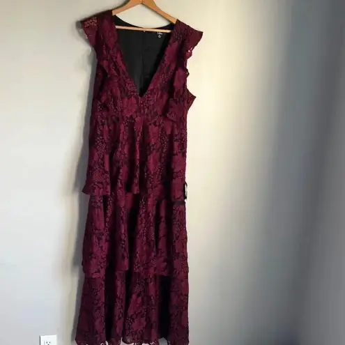 Lulus NEW  Molinetto Burgundy Lace Ruffled Tiered Sleeveless Maxi Dress