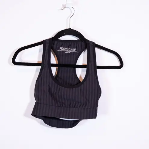 Beyond Yoga Jacquard Black Stripe Work It Over Long Line Cut Out Sports Bra XS