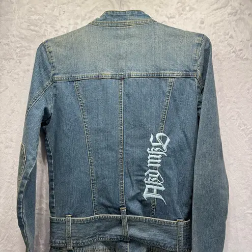 Akademiks AKDMKS Y2K Denim Patchwork Graffiti Coveralls Jumpsuit Flightsuit HipHop Belted