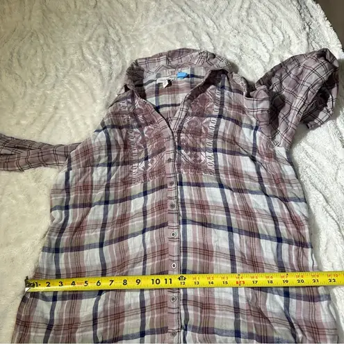 Vintage X America Size L Nadia Embellished Plaid Button Top Rustic Cozy Cabin White Size L