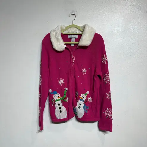 Tiara International Hot Pink Snowman Vintage Cardigan Sz L