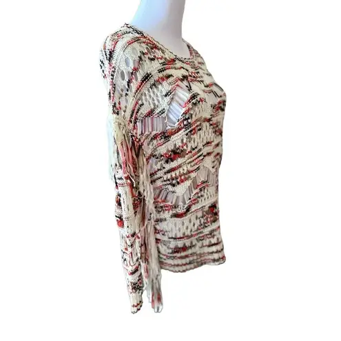 Boston Proper Boston Proper Open Weave Sweater Nylon Fringe Long Sleeves Cream Multi Sz XS - Image 2