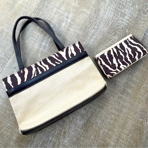 Estée Lauder Mini Tote Bag 2pc Set Seagrass Straw Zebra Animal Print Cosmetic Makeup Travel