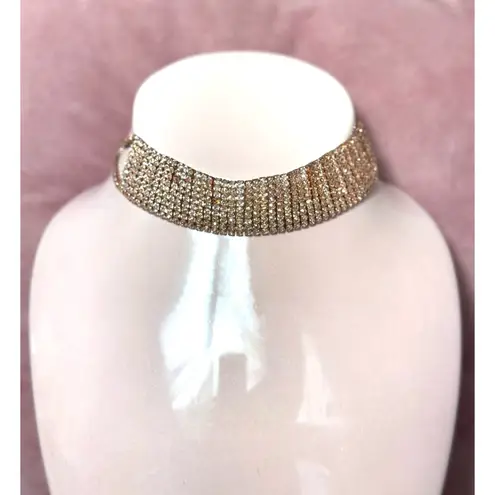 Rose Gold Pink Rhinestone Choker Necklace Statement Sparkly Glam Multi Row