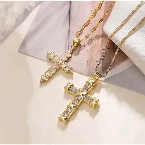 Boutique NEW Unisex 18k Gold Filled Plated Simulated Diamond Cross Necklace, 16-18”