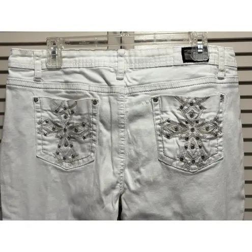 Earl Jean White Embroidered Rhinestones Denim Jeans Size 14 Straight Logo