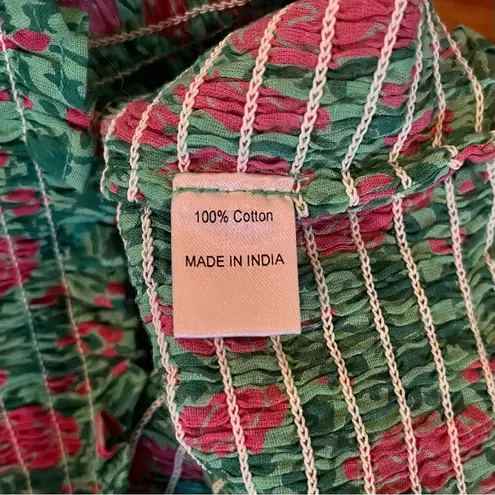 Banjanan Iris Smocked Ruffle Crop Top XS Jade Tulip Rose Green