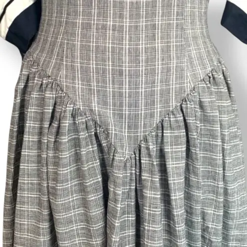 Vintage 80s Leslie Lucks Plaid Puff Sleeve Dress Navy Blue White Midi Retro