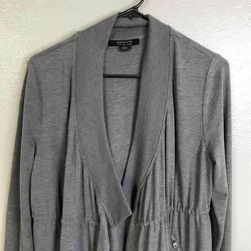 All Saints Gina Drape Jacket 4 Gray Womens Open Front Zip Pocket Drawstring