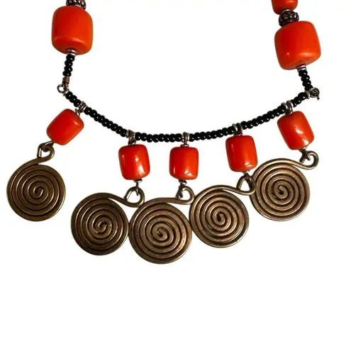 Vintage Boho Tribal Style Necklace Orange Resin Beads Brass Spiral Discs