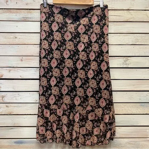 Vintage HeartSoul Boho Midi Skirt Black Pink Floral Print Ruffle Hem Y2K M Size M