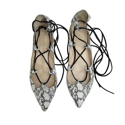 Raye  Paige Leather Black & White Snakeskin Lace Up Flats