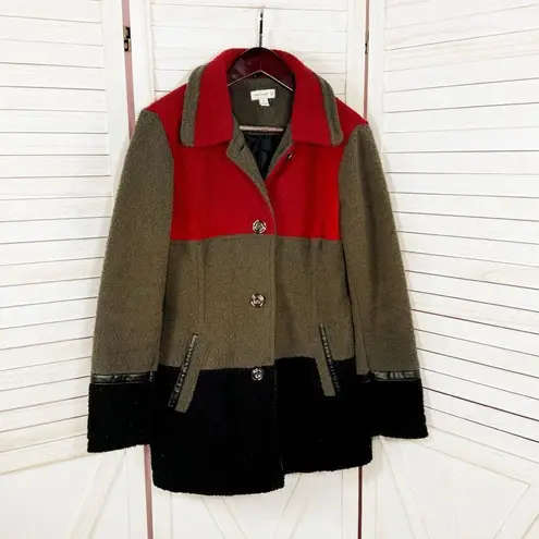 Susan Graver Boucle Fleece Color Block Button Front Coat Red Green Black Small