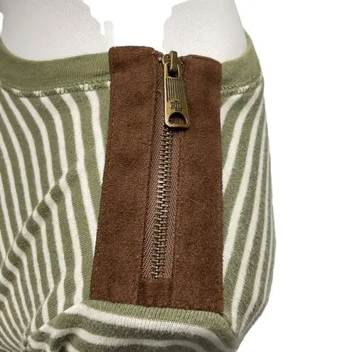 Lauren Ralph Lauren Green Cream Stripe Long Sleeve Tee Size M Faux Suede Patches Size M