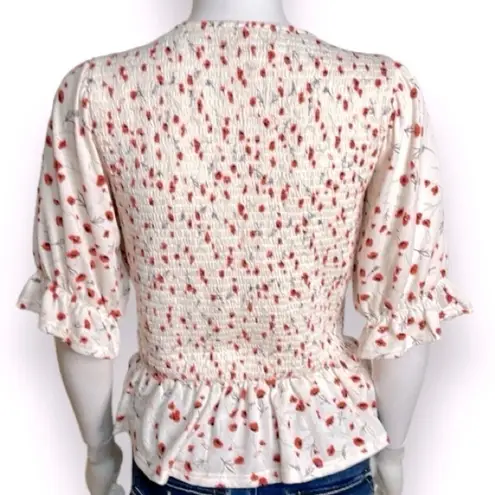 MELLODAY Floral Blouse Cropped Short Sleeve Women’s Size Medium Peplum Red/White
