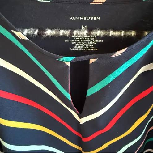 Van Heusen Blue and Multicolor Stripe Fitted Short Sleeve Blouse Medium