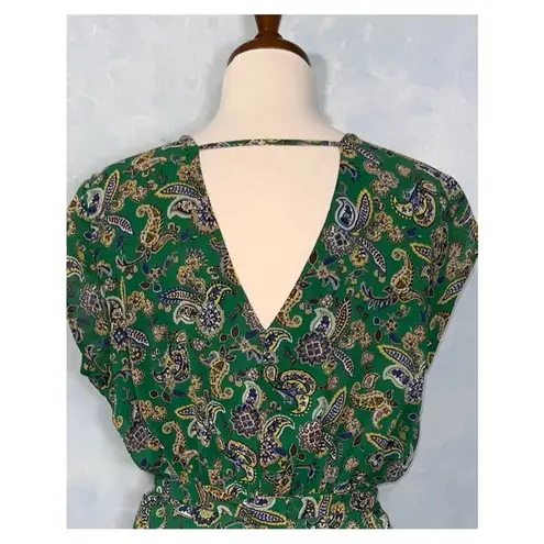 DR2 Green & Blue Paisley Short Sleeve Double V Above Knee Casual Chiffon Dress L Size L