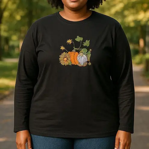 Isaac Mizrahi LIVE ESSENTIALS XL Long Sleeve embroidered fall Gnome Black TEE